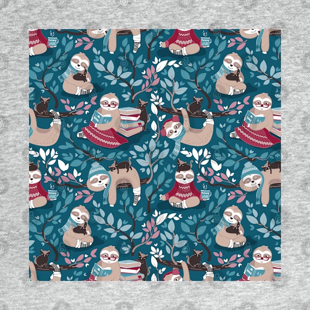 Hygge sloth // pattern // teal and red by SelmaCardoso